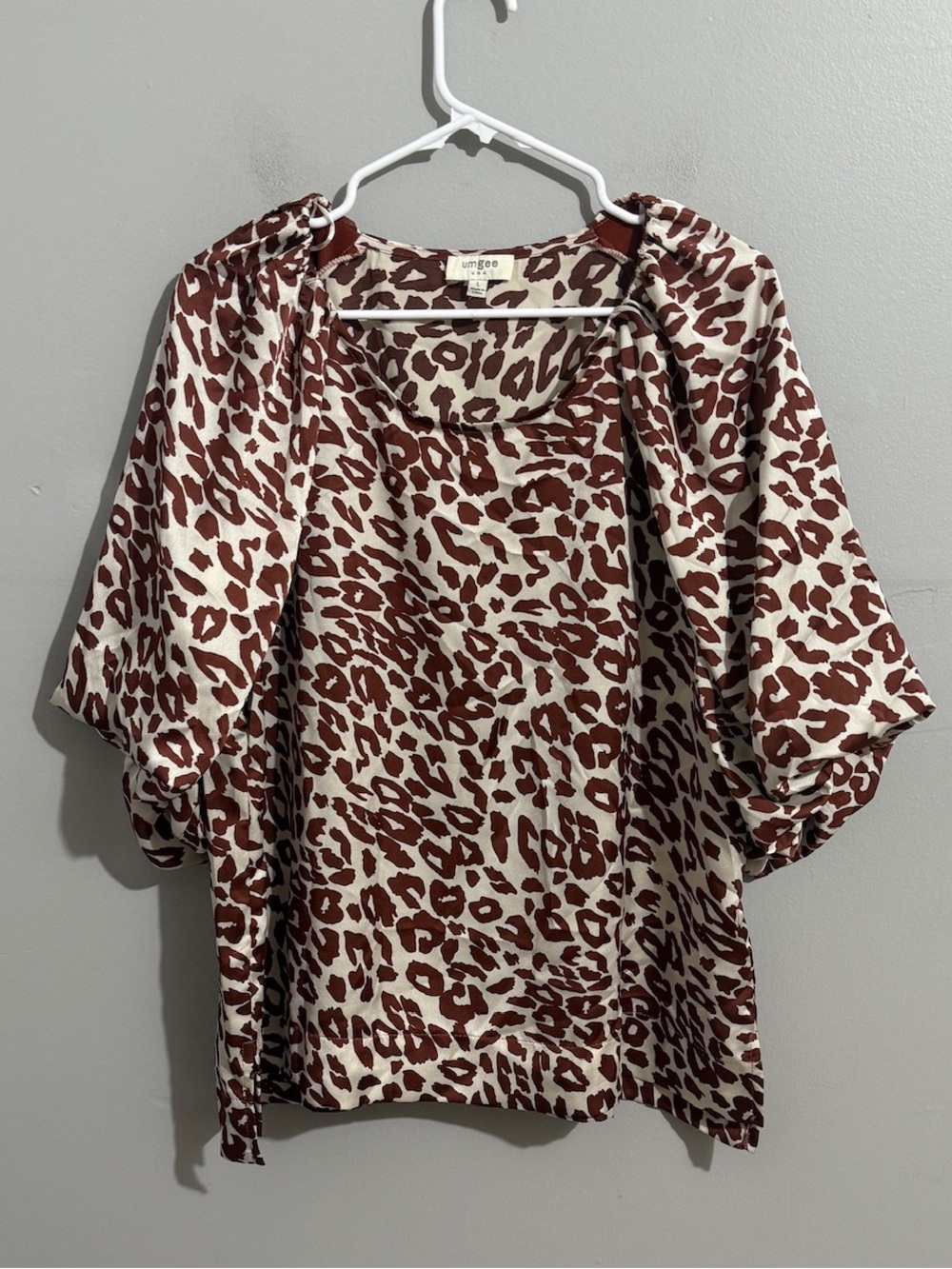 Umgee Leopard Print Blouse Large Cream Rust Brown Puff Sleeve Relaxed Boho Top
